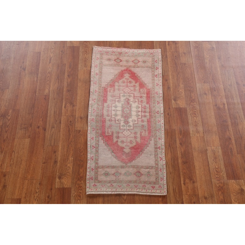 Vintage Geometric Oushak Turkish Oriental Wool Rug Hand-knotted Carpet - 1'6" x 3'3"