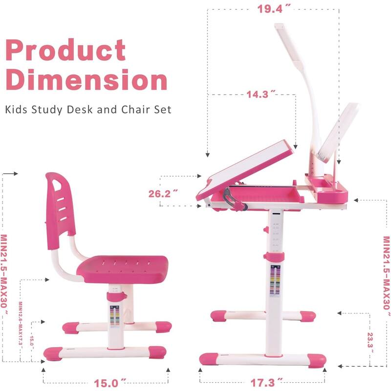 Adjustable Kids Desk and Chair Set with Tilt Desktop LED Lamp Storage Accessories Ergonomic Study - 15.0" x 15.0" x 21.3"-30"