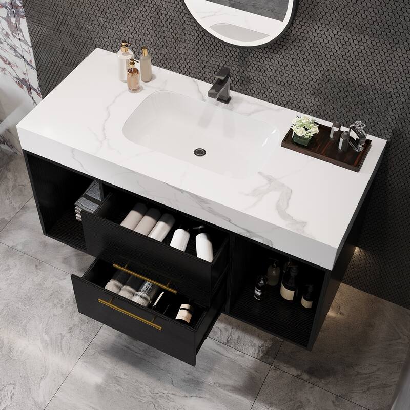 Floating Bathroom Vanity with Ceramic Sink, Rectangle Bathroom Storage Cabinet with Sintered Stone Countertop