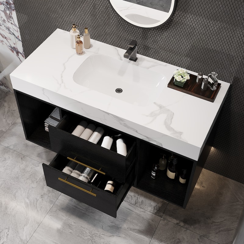 Modern Wall Mounted Bathroom Vanity Floating Storage Cabinet with Ceramic Sink, Faux Marble Countertop, Drawers and Open Shelves