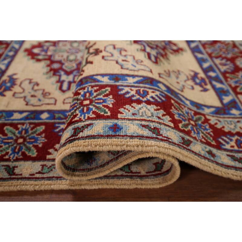 Geometric Kazak Accent Rug Handmade Yellow Wool Carpet - 3'6" x 5'1"