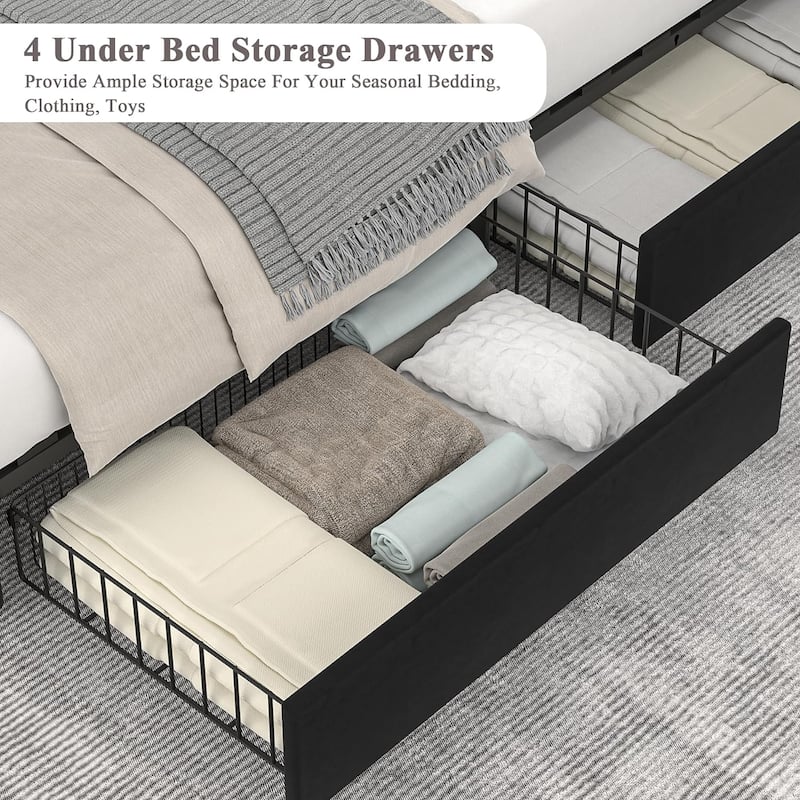 Modern Upholstered Bed Frame with 4 Storage Drawers, Platform Fabric Bed with Button Tufted Headboard