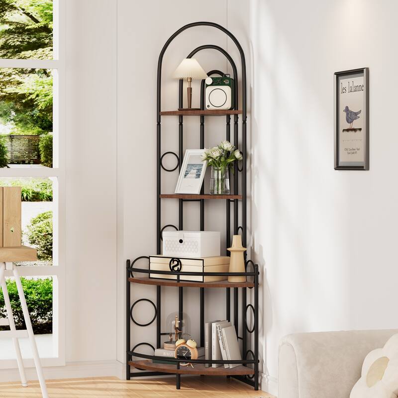 Modern 4 Tier Corner Bookcase, Plant Shelf with Metal Frame for Living Room Bedroom Office