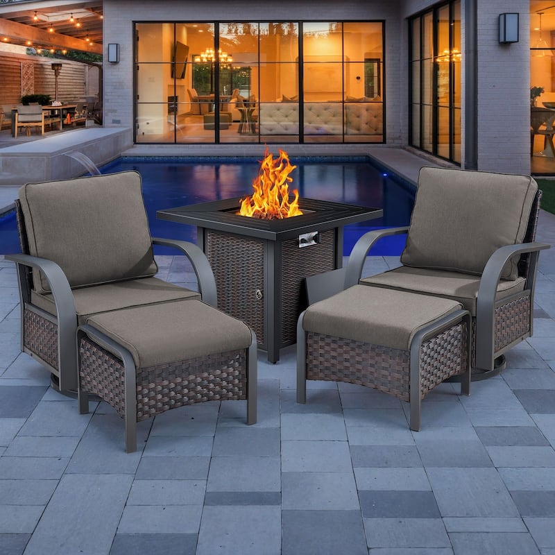 Pocassy Outdoor Patio Furniture Set - Brown Rattan - Grey Cushion - 2 Swivel Chair 2 Ottoman with Fire Table