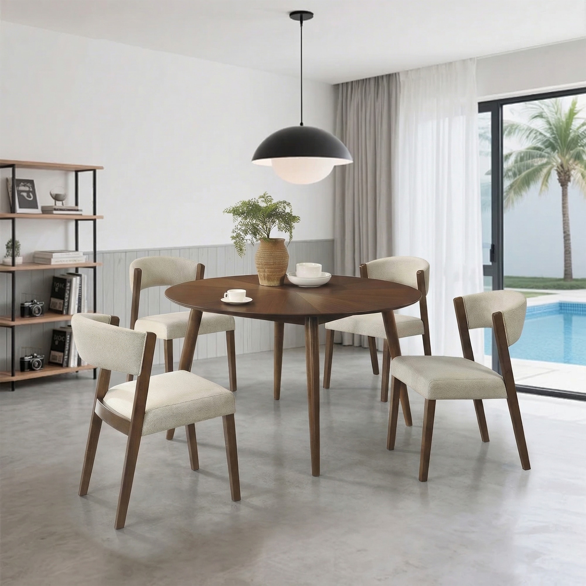 Multi Piece Walnut Mid Century Modern Wood Dining Set with 15" LEAF Rectangular Rounded Edge Table and Chairs