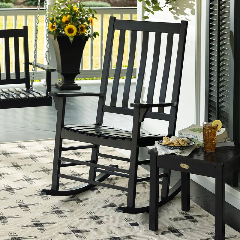 33 in. x 44 in. Black Slatted Eucalyptus Wood Outdoor Rocking Chair