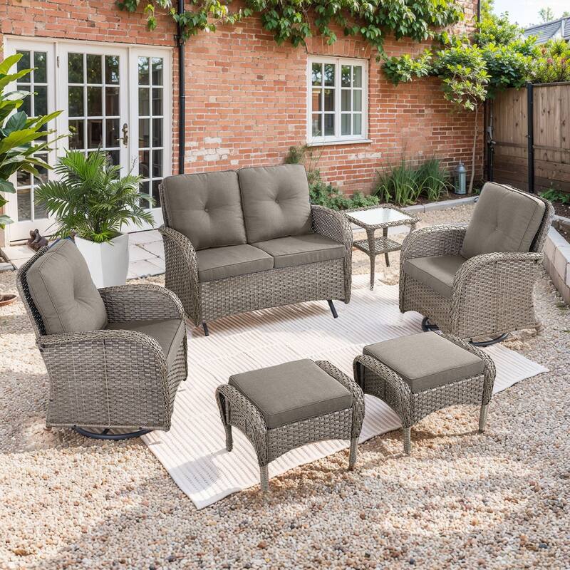 Outdoor Glider Sofa with Swivel Chairs Ottoamns Grey-Grey - Grey - Grey - Grey