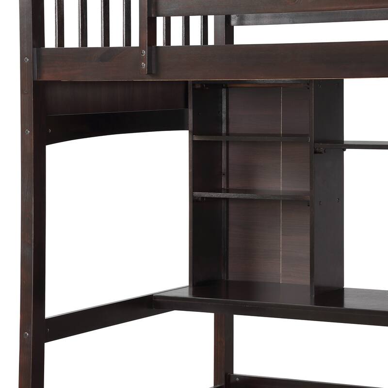 Twin Size Loft Bed with Desk and Shelves, Space-Saving Wooden Frame