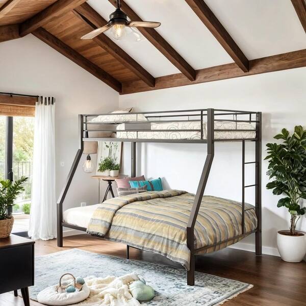 slide 2 of 7, Stylish Twin Over Full Bunk Bed with Sturdy Metal Frame, Slat System, Full-Length Guardrail, and Double Ladder, Black Black