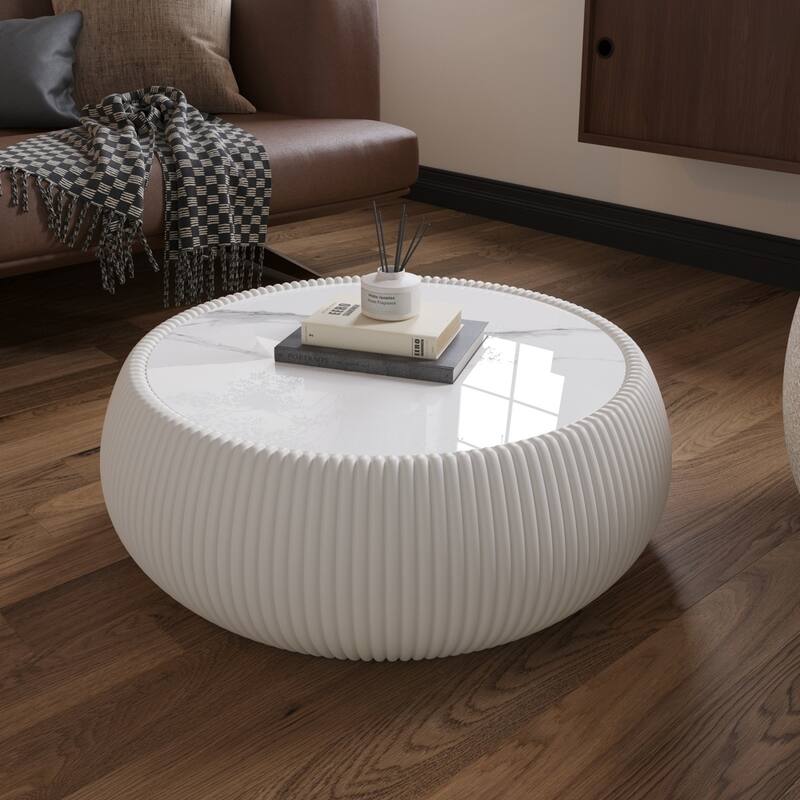 27.55" Modern Drum-shaped Marble Top Coffee Table with Microfiber Leather