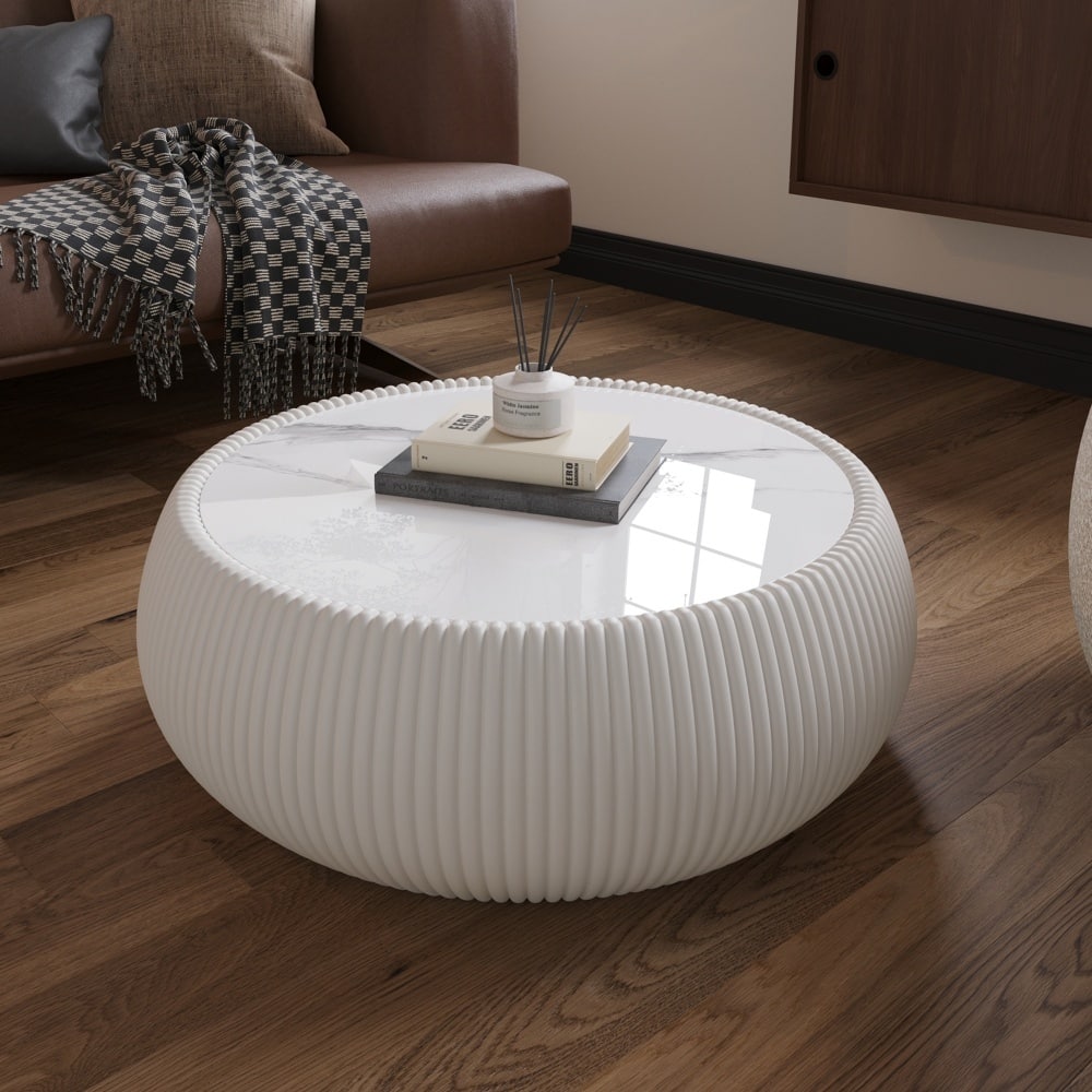 27.55" Modern Drum-shaped Marble Top Coffee Table with Microfiber Leather