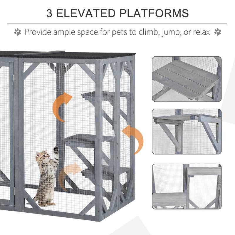 Grey Fir Wood Cat Cage with 3 Platforms and Weather-Resistant Roof