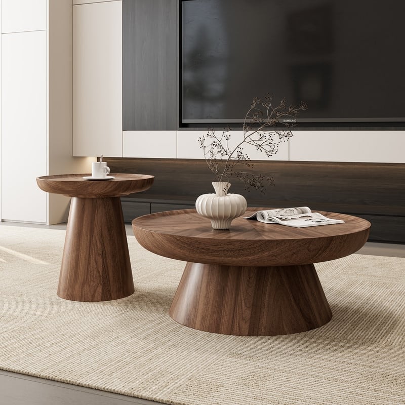 Round Brown Walnut Coffee Table Set of 2 - Nesting Coffee Tables for Living Room, Modern Wooden Accent Tables
