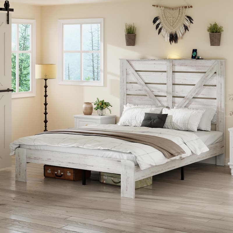 Wood Platform Bed with Rustic Headboard Black Metal Frame Support, Solid Wood Slats No Box Spring Needed Large Under-Bed Storage - White - Full