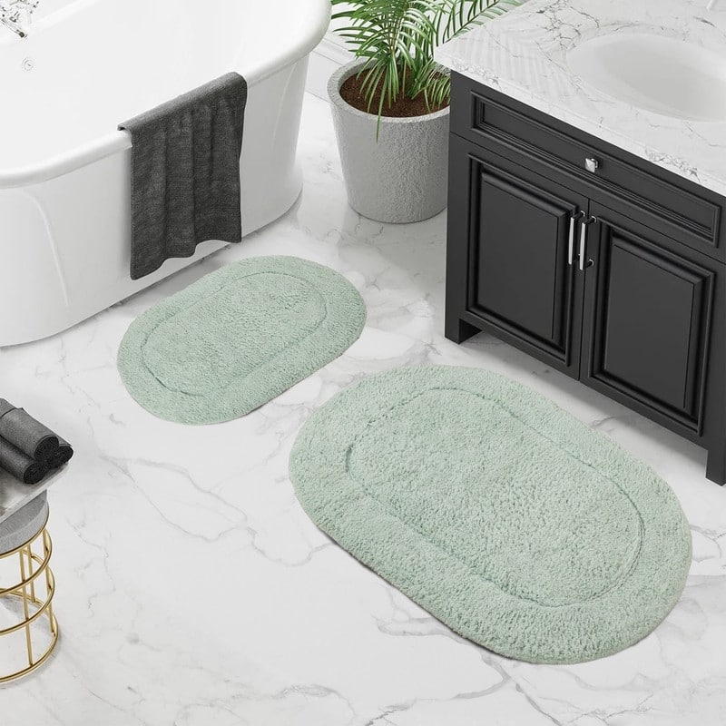 Superior Oval Bordered Cotton Washable Non-Slip Bath Rug Runner or Rug Set