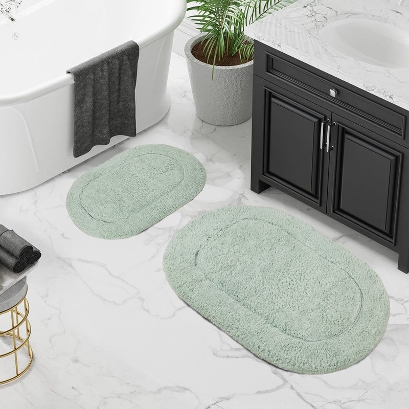 Superior Oval Bordered Cotton Washable Non-Slip Bath Rug Runner or Rug Set