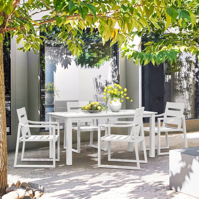 Outdoor 5-Piece Patio Set with Aluminium Rectangular Dining Table & Armchairs - White