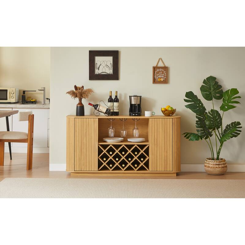 Modern Elegant Design Wood-Grain Wavy Curve Storage Cabinet with Adjustable Shelves and Glassware Holder - Natural
