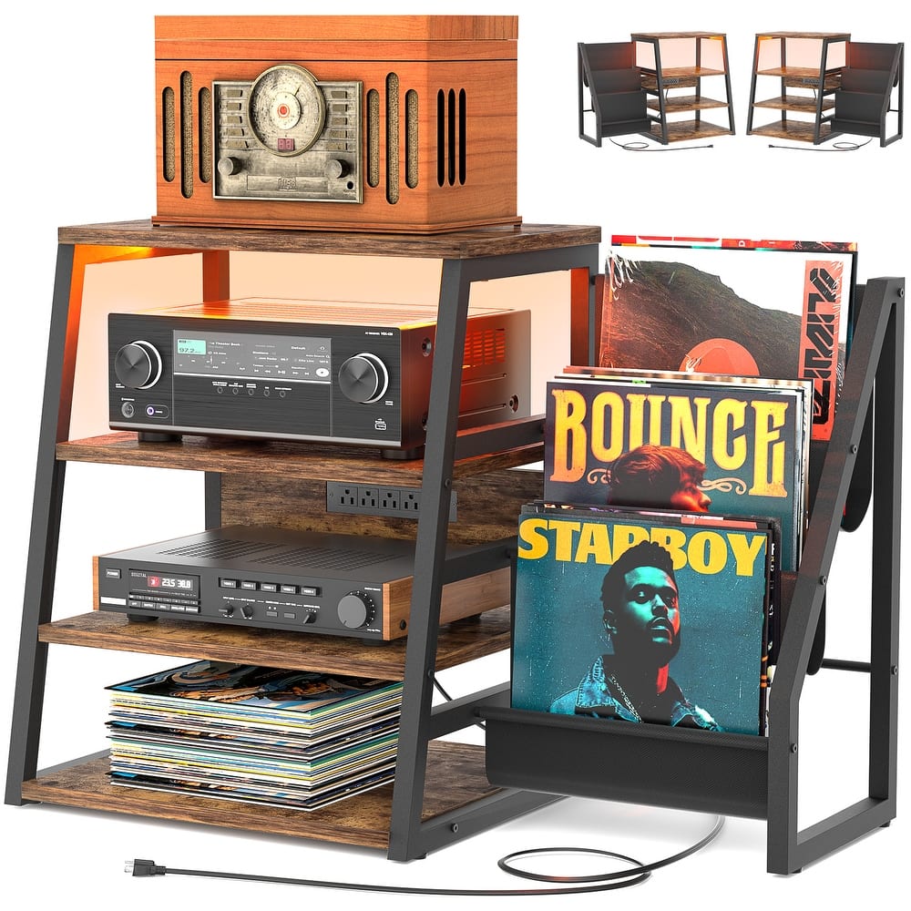 4-Tier Record Player Stand with Vinyl Record Storage ＆ LED Light ＆ Charging Station, Record Player Table, Media Console
