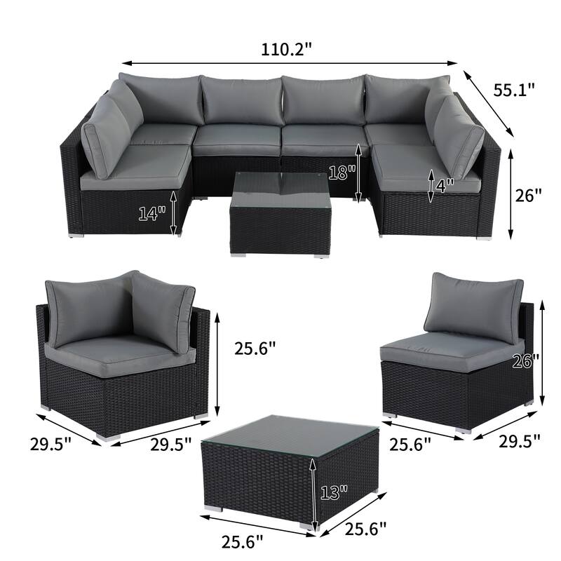 Black 7-Piece Wicker Outdoor Sectional Set Patio Sofa Set with Gray Cushions and Coffee Table