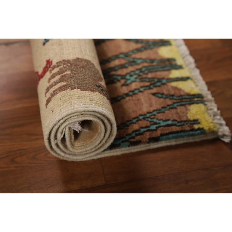 Animals Pictorial Kazak Oriental Foyer Rug Handmade Beige Wool Carpet - 2'0" x 3'0"