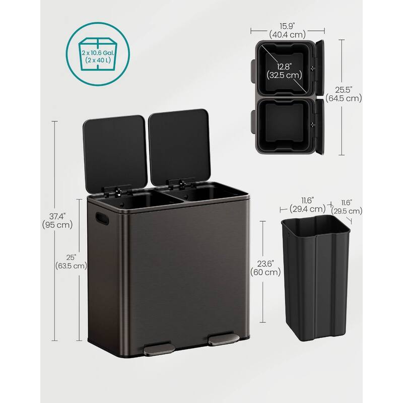 Stainless Steel Dual Trash Can with Soft-Close Lid and Pedals