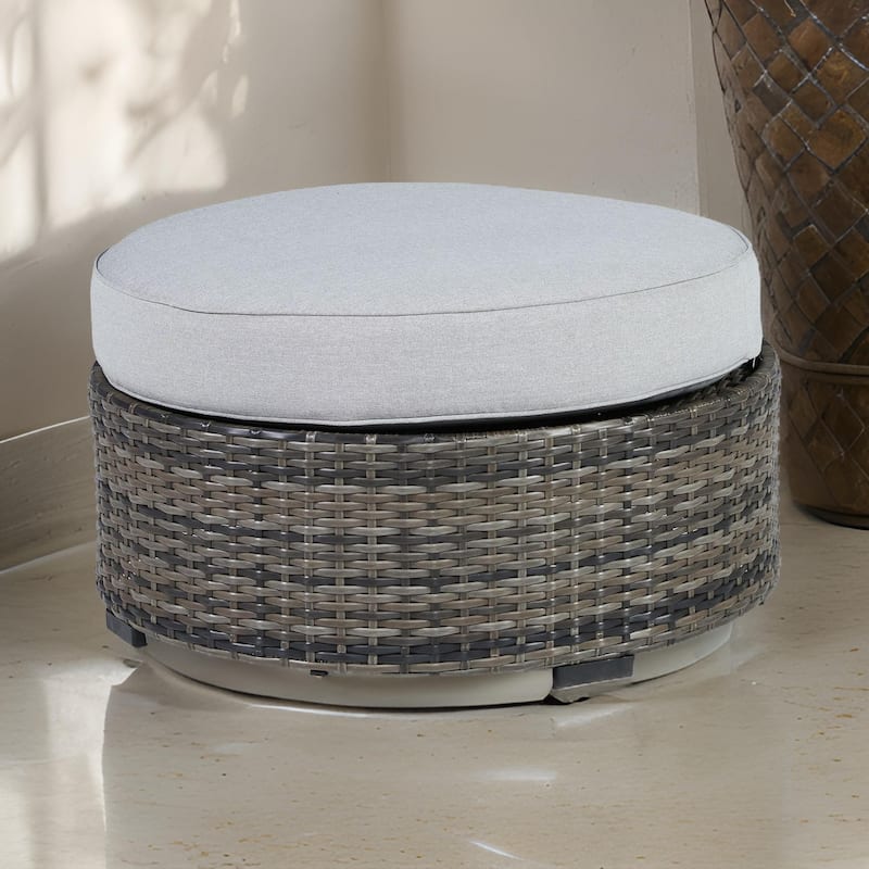 Saki 32 Inch Outdoor Ottoman, Round Cushion, Wicker, Light Gray Fabric