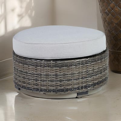 Saki 32 Inch Outdoor Ottoman, Round Cushion, Wicker, Light Gray Fabric