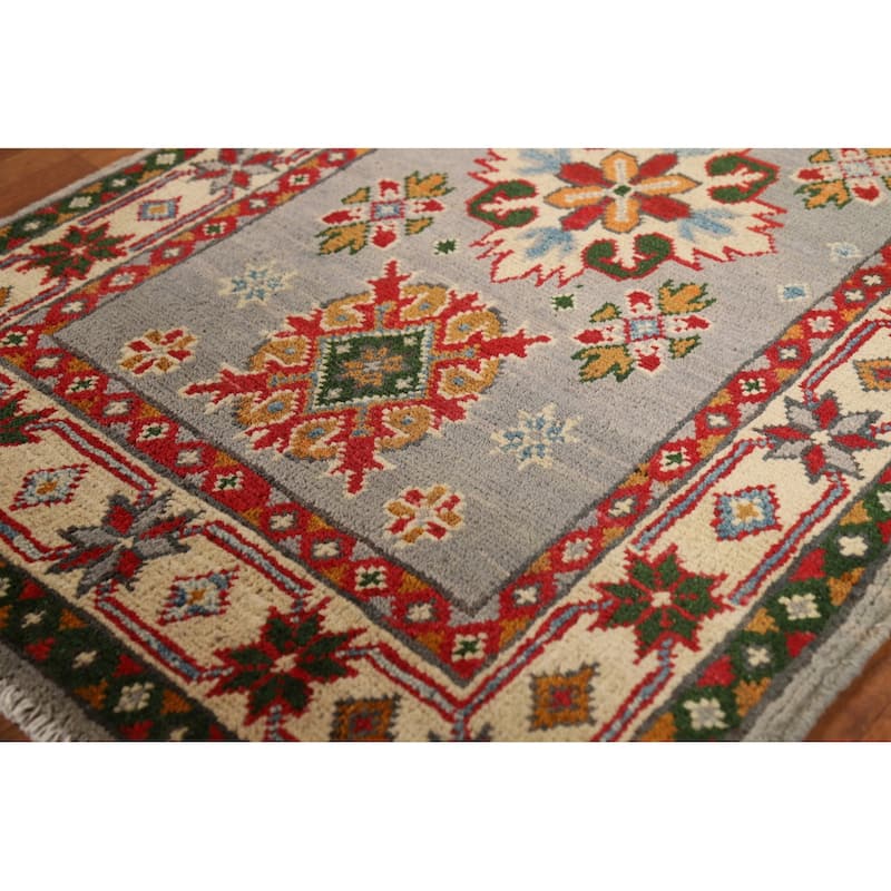 Geometric Kazak Oriental Foyer Rug Hand-Knotted Wool Carpet - 2'0"x 3'0"