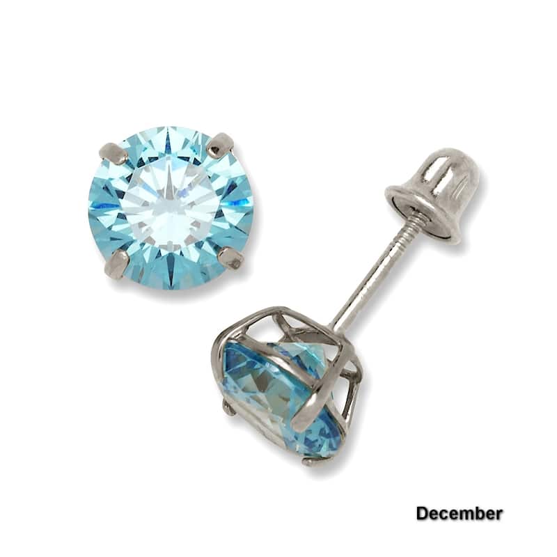 14K White Gold 6mm Round Cubic Zircornia Birthstone Basket-Set Solitaire Screw-back Stud Earrings (12 colors)
