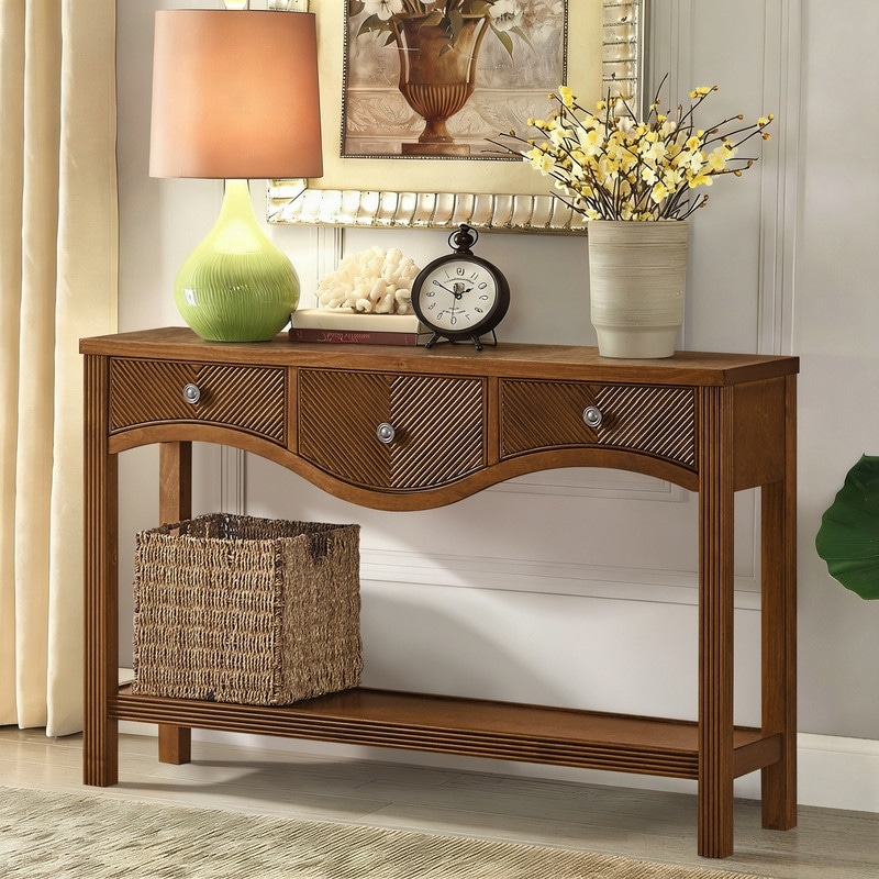 52 Inch Fluted Wood Console Table with 3 Drawers and Solid Wood Legs for Living Room Entryway Decor
