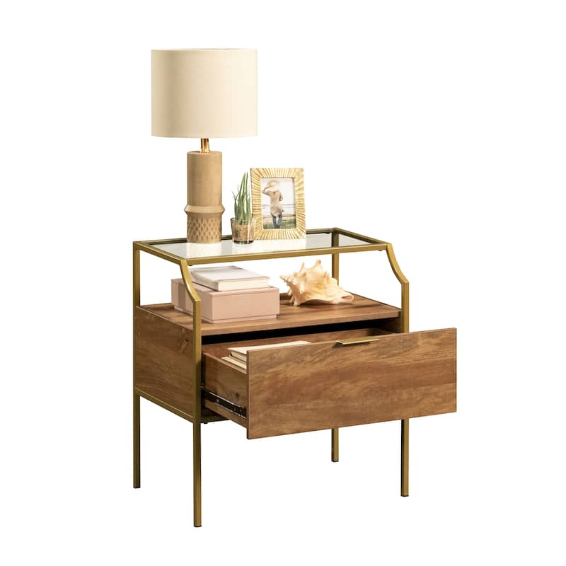 Engineered Wood Contemporary Night Stand with Upper Glass Shelf, Brown