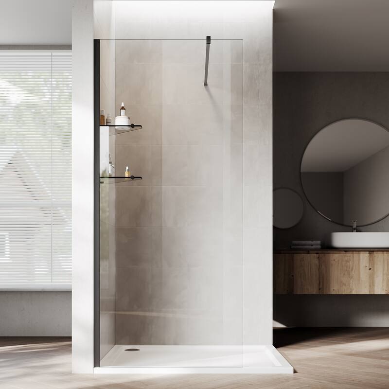 Elegant Frameless Fixed Glass Panel Shower Door 72inch High with 5/16inch Clear Tempered Glass Black Aluminum