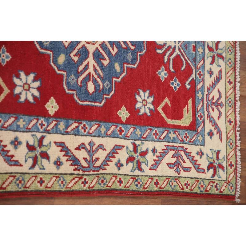 Hand Knotted Oriental 100% Wool Carpet Traditional Geometric Red Kazak Runner Rug - 8' 1'' X 2' 9''