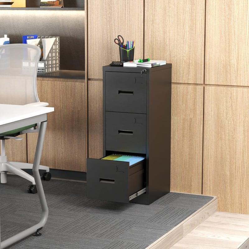 Metal Vertical File Cabinet with 3 Drawer, Lock and Card Slot