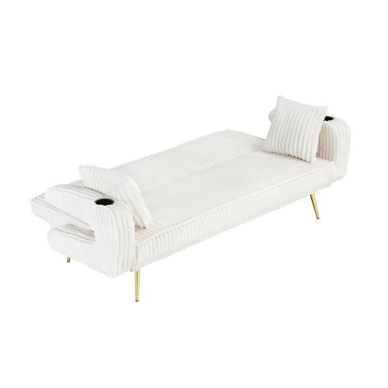 Three-gear Adjustable White Corduroy Sofa with 2 Throw Pillows for Living Room and Study
