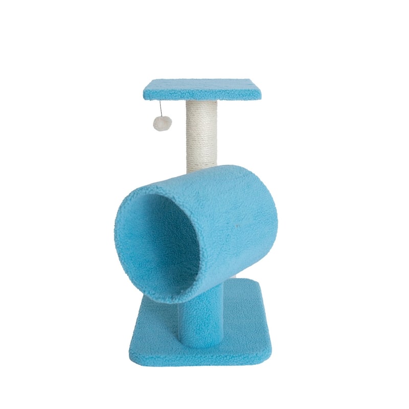 Sky Blue Real Wood Cat Tree With Scratcher And Tunnel for Privacy And Hiding