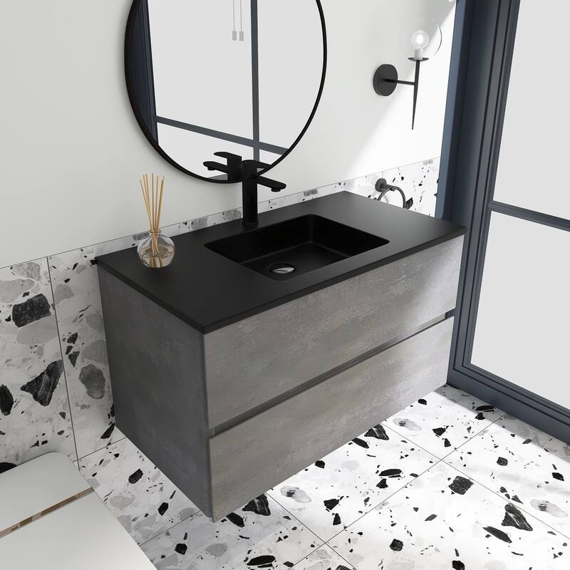 24 in./30 in./36 in. Wall-Mounted 2-drawer Bathroom Vanity Set in Cement Grey with Integrated Solid Surface Sink