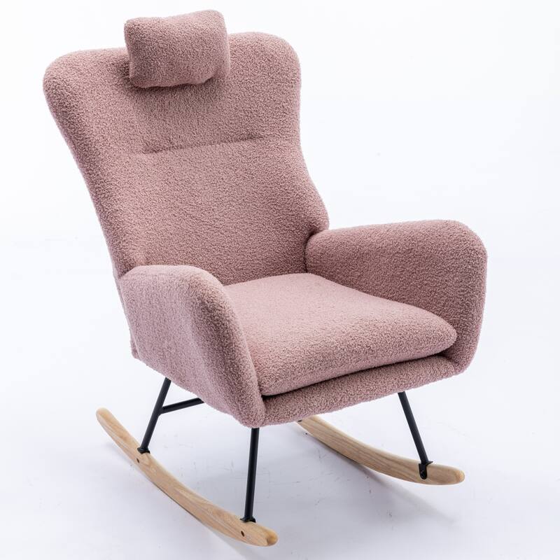 Teddy Fabric Wingback Rocking Chair for Nursery with Safe Solid Wood Base