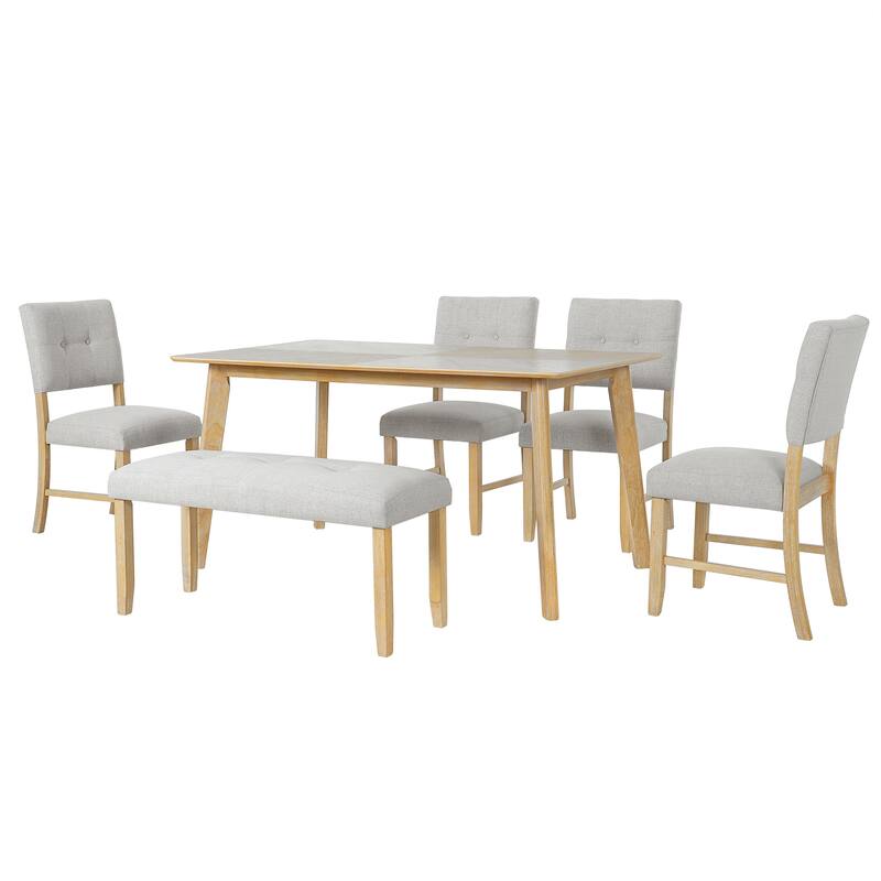 6 Piece Dining Room Table Set, Rustic Farmhouse Dining Room Rectangular Table with 4 Upholstered Chairs and Bench, Solid