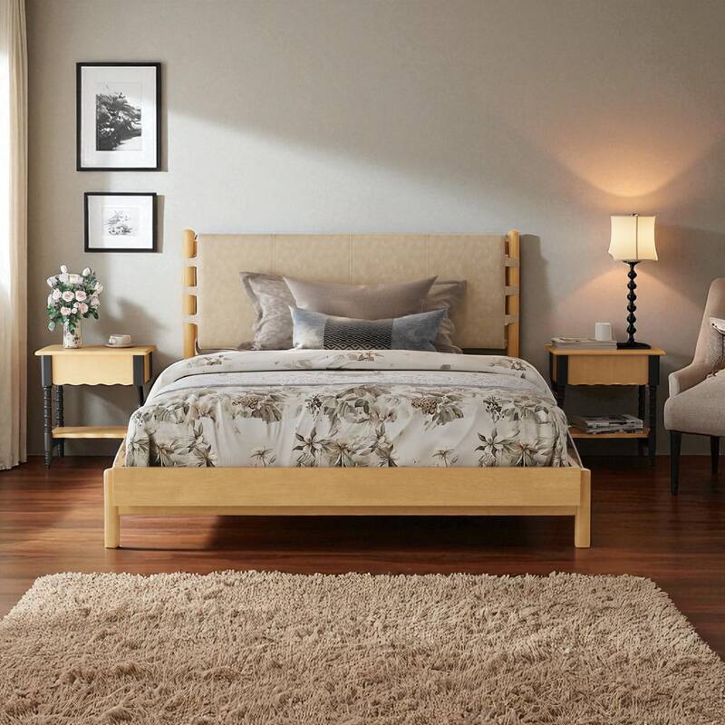 Mid Century Modern Queen/King Rubber Wood Platform Bed Frame with Headboard, Solid Wood Bed No Box Spring Needed