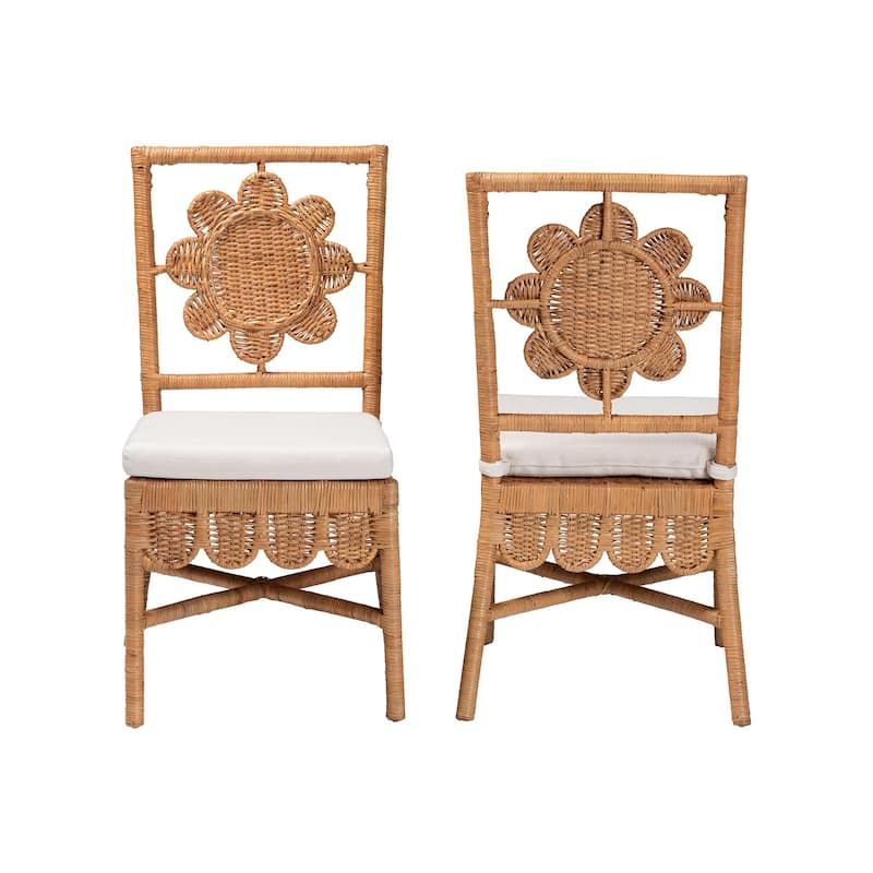Abagale Natural Rattan Dining Chair - Handwoven Wicker Accent Side Chair with Floral Back and Removable Cushion