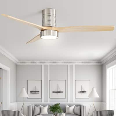 52" Flush Mount Wood Ceiling Fan with Dimmable LED Light and Remote Control