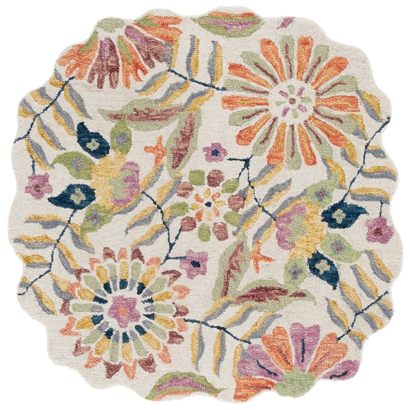 SAFAVIEH Handmade Jardin Hristea Floral Wool Rug - Ivory/Green - 3' Round Scallop