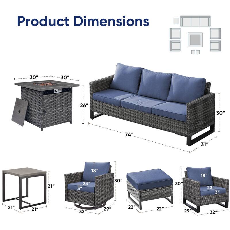 Patio Sofa with 2 Club Chair,2 Swivel Chair and Fire Pit Table