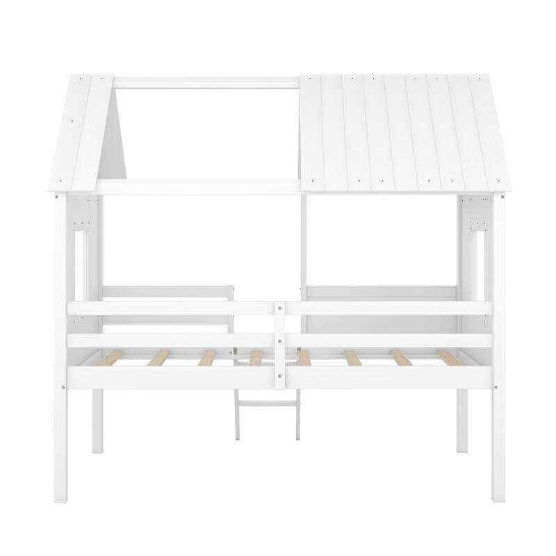 Kids Twin Size Low Loft House Bed with Windows and Roof, Durable Pine Wood Frame, Semi-Enclosed Design for Better Sleep