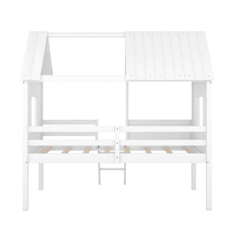 Playhouse Twin Low Loft Bed with Roof and Windows, Wooden Frame