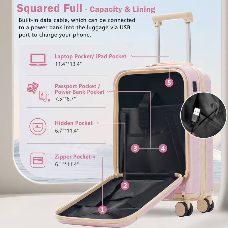 3-Piece Modern Front-Opening Luggage Expandable Luggage with USB Port, Spinner Wheels and TSA Lock, for Boarding Travel