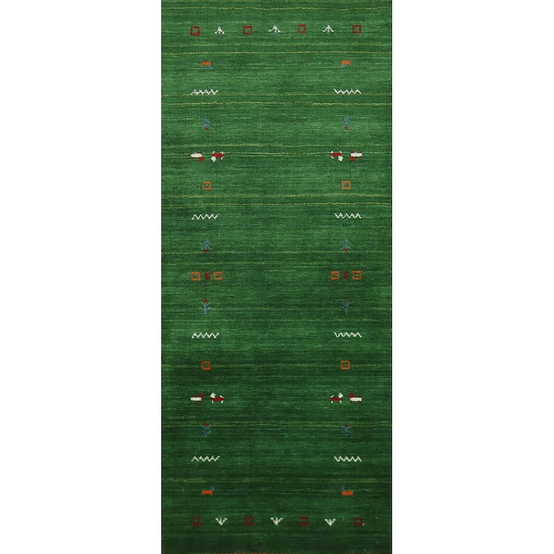 Green Gabbeh Indian Runner Rug Handmade Tribal Wool Carpet - 2'7" x 7'7"