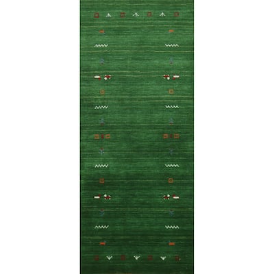 Green Gabbeh Indian Runner Rug Handmade Tribal Wool Carpet - 2'7" x 7'7"